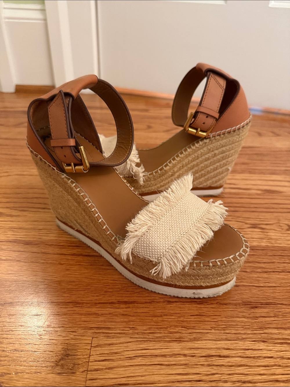 See By Chloe Tan Espadrille Wedge Sandals with Cream Fringed Strap